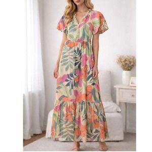 Sharagano Floral Maxi Dress Flowy Tiered Skirt Sz PL Ribbed Sleeve Boho Chic